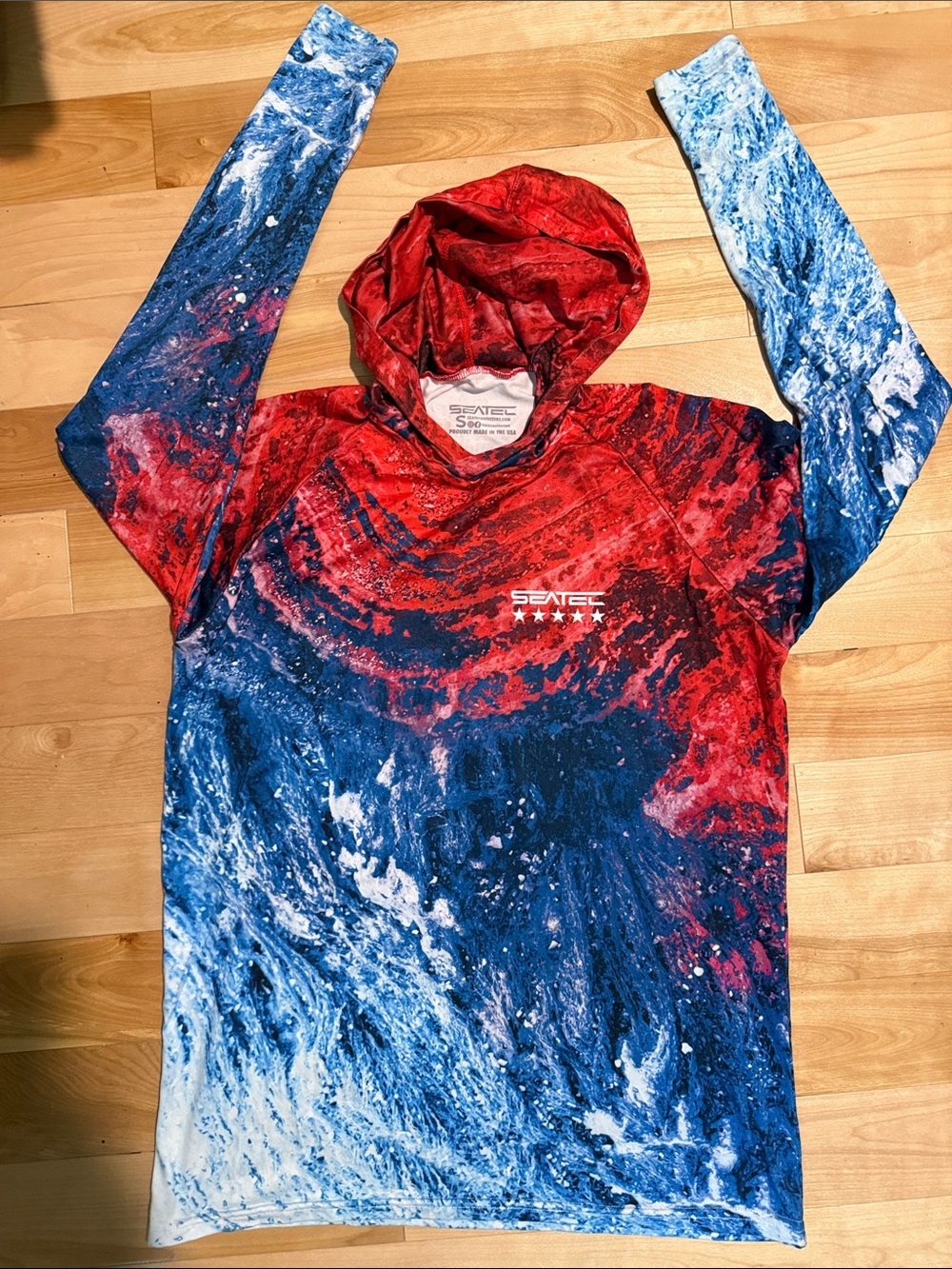 Men's Red & Blue Long-Sleeve Fishing Hoodie S EUC